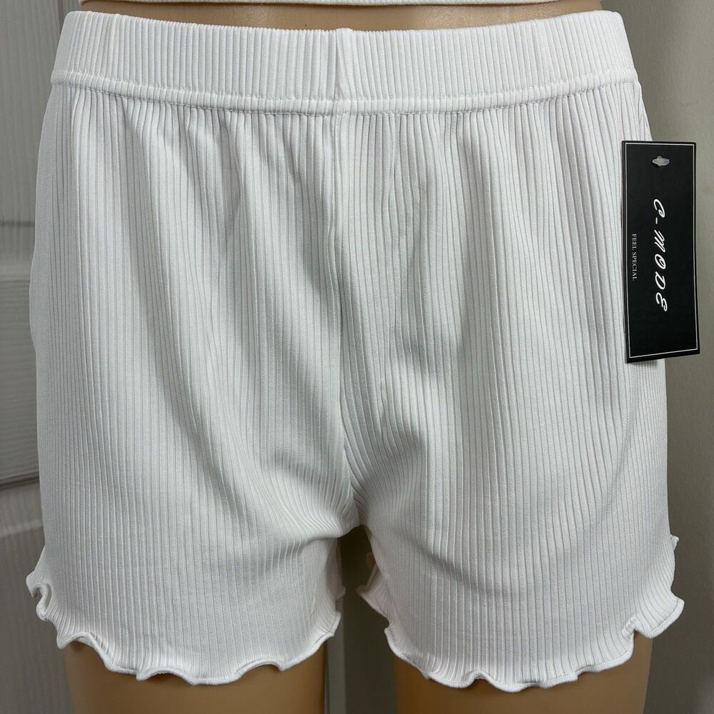 New Womens Shorts Sz L Stretch Ribbed White Ruffle Hem Casual Elastic Waist